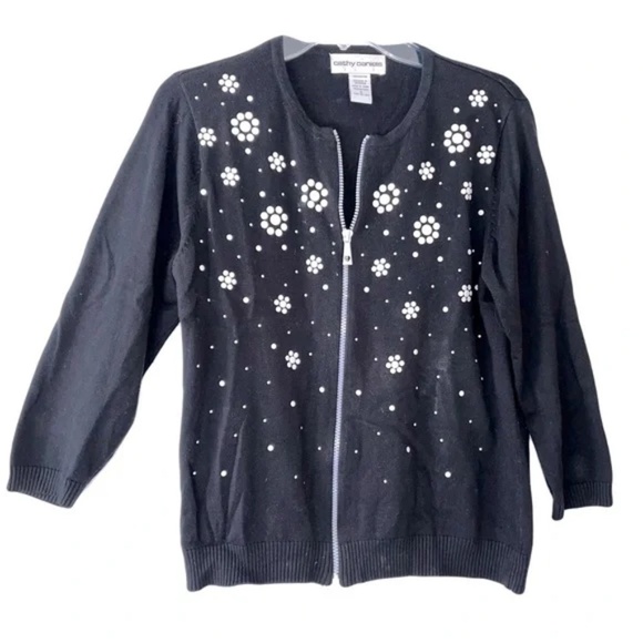 Cathy Daniels | Black Studded Floral Zip Front Cotton Cardigan Sweater, Small - Picture 1 of 4